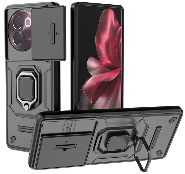 Kapa Armor Slider Back Cover for Vivo V30E (5G) | Inbuilt Ring + Camera Slider Shockproof Lens Protection Bumper Back Case (Black)