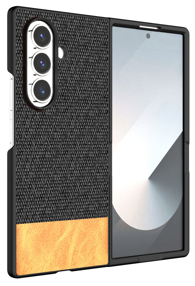 Kapa Soft Fabric & Leather Hybrid Protective Back Cover for Samsung Galaxy Z Fold 7 | Shockproof Slim Hard Anti Slip Back Case (Black,Brown) - Mobizang