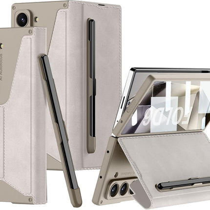 Kapa Sheath Leather Flip Case for Samsung Galaxy Z Fold 6 | Inbuilt S Pen Holder, Slim Hybrid Stand Protection Flip Cover (Titanium)