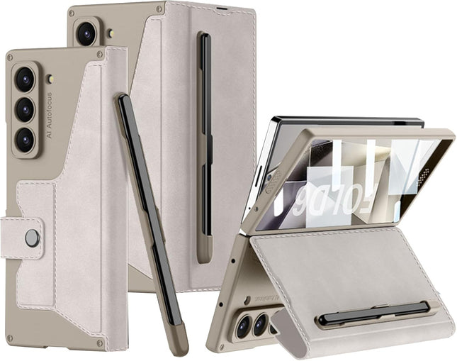 Kapa Sheath Leather Flip Case for Samsung Galaxy Z Fold 6 | Inbuilt S Pen Holder, Slim Hybrid Stand Protection Flip Cover (Titanium)