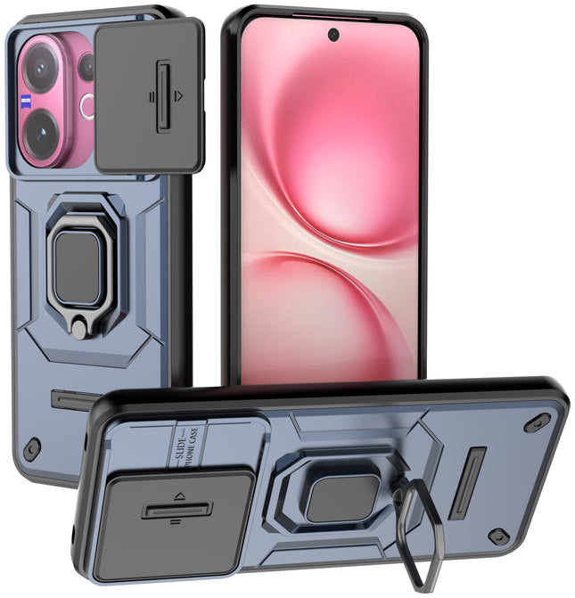 Kapa Armor Slider Back Cover for Vivo V60 / V60e / Vivo T4 Pro 5G | Inbuilt Ring + Camera Slider Shockproof Lens Protection Bumper Back Case (Blue) - Mobizang