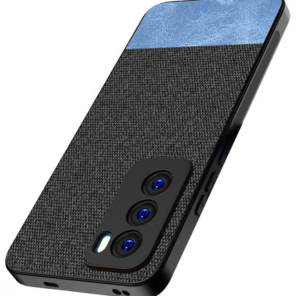 Kapa Soft Fabric & Leather Hybrid Protective Back Cover for Oppo Reno 12 (5G) | Shockproof Slim Hard Anti Slip Back Case (Black,Blue) - Mobizang