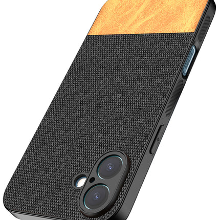Kapa Soft Fabric & Leather Hybrid Protective Back Cover for Apple iPhone 16 Plus | Shockproof Slim Hard Anti Slip Back Case (Black,Brown)