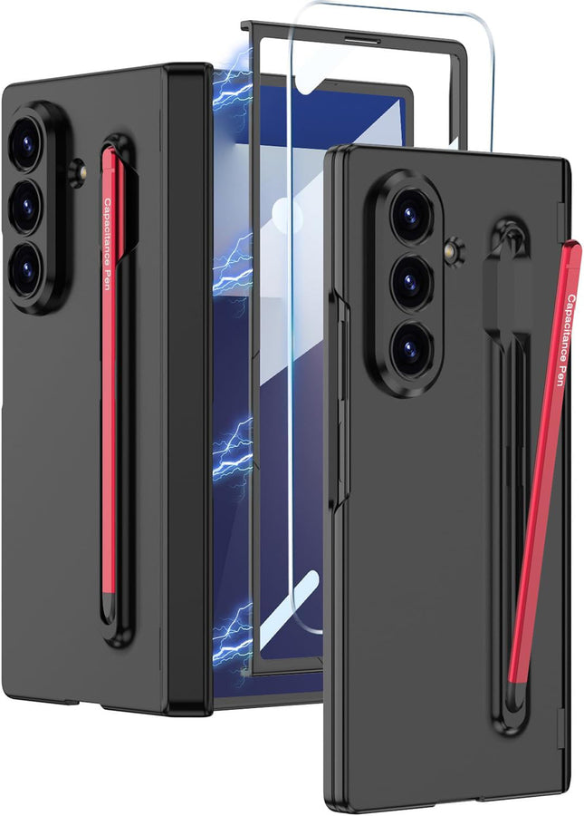 Kapa Contrast Magnetic Hinge Case for Samsung Galaxy Z Fold 7 | Inbuilt S-Pen Holder Slim Back Cover (Black with Red Pen)