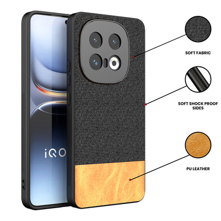 Kapa Soft Fabric & Leather Hybrid Protective Back Cover for Iqoo 13 (5G) | Shockproof Slim Hard Anti Slip Back Case (Black,Brown)