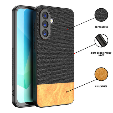 Kapa Soft Fabric & Leather Hybrid Protective Back Cover for Samsung Galaxy M16 | Shockproof Slim Hard Anti Slip Back Case (Black,Brown)