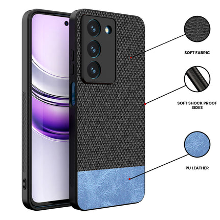Kapa Soft Fabric & Leather Hybrid Protective Back Cover for Realme 14X | Shockproof Slim Hard Anti Slip Back Case (Black,Blue) - Mobizang