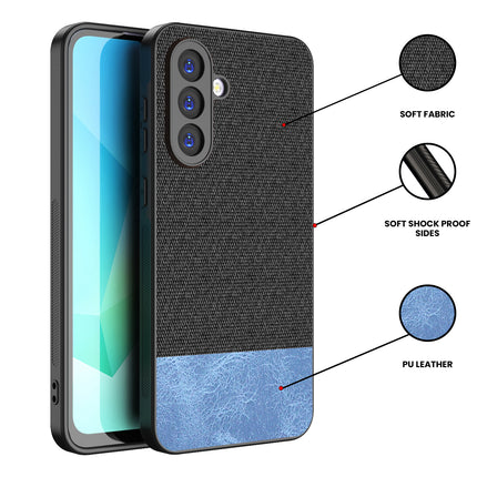 Kapa Soft Fabric & Leather Hybrid Protective Back Cover for Samsung Galaxy M16 | Shockproof Slim Hard Anti Slip Back Case (Black,Blue)