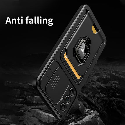 Kapa Bisen Back Cover for Samsung Galaxy S24 FE | Inbuilt Camera Slider Ring Stand and Card Pocket Shockproof Slim Bumper Back Case (Black)