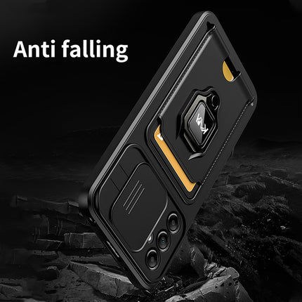 Kapa Bisen Back Cover for Samsung Galaxy A35 (5G) | Inbuilt Camera Slider Ring Stand and Card Pocket Shockproof Slim Bumper Back Case (Black) - Mobizang