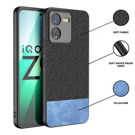 Kapa Soft Fabric & Leather Hybrid Protective Back Cover for IQOO Z9 | Shockproof Slim Hard Anti Slip Back Case (Black,Blue)