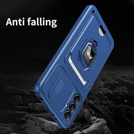 Kapa Bisen Back Cover for Samsung Galaxy A15 (5G) | Inbuilt Camera Slider Ring Stand and Card Pocket Shockproof Slim Bumper Back Case (Blue) - Mobizang