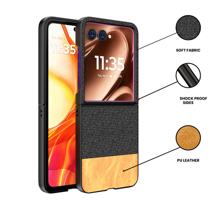 Kapa Soft Fabric & Leather Hybrid Protective Back Cover for Motorola Razr 50 Ultra | Shockproof Slim Hard Anti Slip Back Case (Black,Brown)