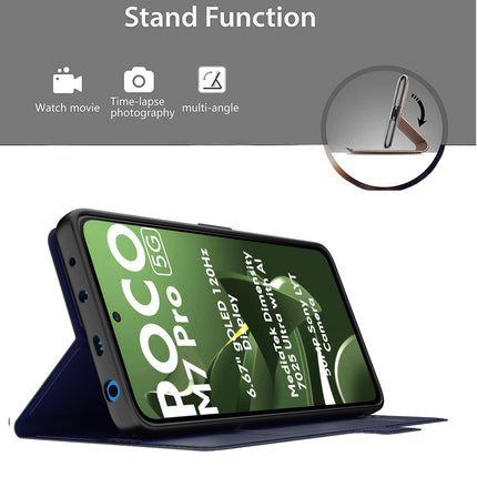 Kapa Noble Slim Magnetic Leather Flip Case Cover for Poco M7 Pro | Card Holder Stand Flip Wallet Case (Blue)