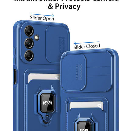 Kapa Bisen Back Cover for Samsung Galaxy A55 (5G) | Inbuilt Camera Slider Ring Stand and Card Pocket Shockproof Slim Bumper Back Case (Blue) - Mobizang