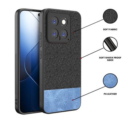 Kapa Soft Fabric & Leather Hybrid Protective Back Cover for Xiaomi 14 (5G) | Shockproof Slim Hard Anti Slip Back Case (Black,Blue)