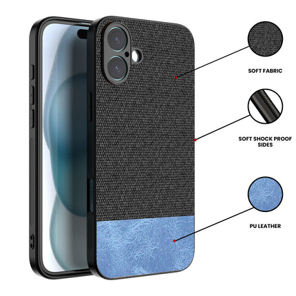 Kapa Soft Fabric & Leather Hybrid Protective Back Cover for Apple iPhone 16 | Shockproof Slim Hard Anti Slip Back Case (Black,Blue)