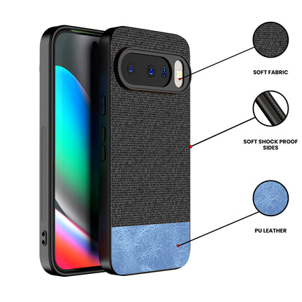 Kapa Soft Fabric & Leather Hybrid Protective Back Cover for Google Pixel 10 | Shockproof Slim Hard Anti Slip Back Case (Black,Blue)