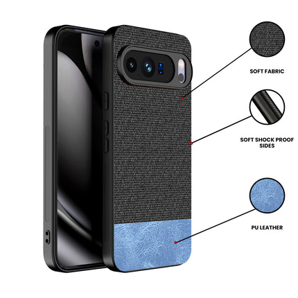 Kapa Soft Fabric & Leather Hybrid Protective Back Cover for Google Pixel 10 Pro XL | Shockproof Slim Hard Anti Slip Back Case (Black,Blue)