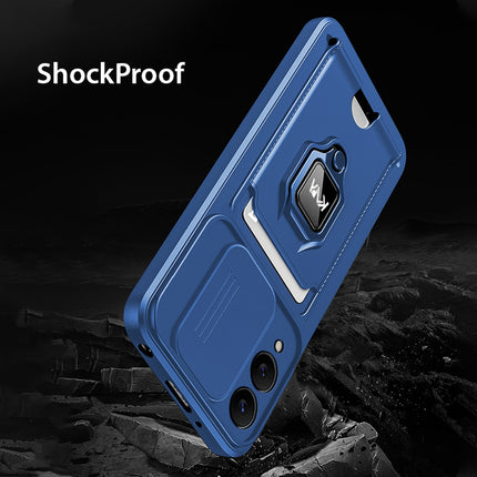 Kapa Bisen Back Cover for Samsung Galaxy S25 Edge | Inbuilt Camera Slider Ring Stand and Card Pocket Shockproof Slim Bumper Back Case (Blue)