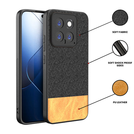 Kapa Soft Fabric & Leather Hybrid Protective Back Cover for Xiaomi 14 (5G) | Shockproof Slim Hard Anti Slip Back Case (Black,Brown)