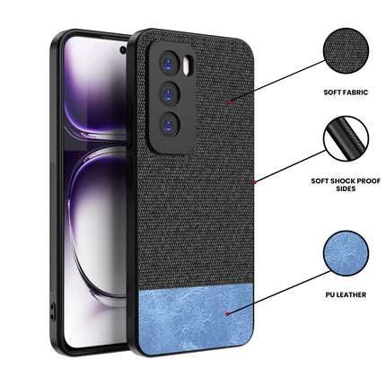 Kapa Soft Fabric & Leather Hybrid Protective Back Cover for Oppo Reno 12 (5G) | Shockproof Slim Hard Anti Slip Back Case (Black,Blue) - Mobizang