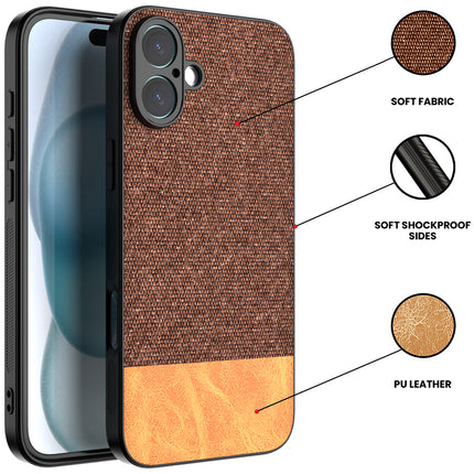 Kapa Soft Fabric & Leather Hybrid Protective Back Cover for Apple iPhone 16 Plus | Shockproof Slim Hard Anti Slip Back Case (Brown)