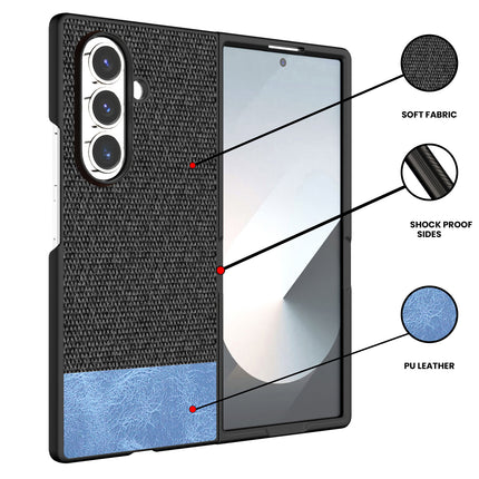 Kapa Soft Fabric & Leather Hybrid Protective Back Cover for Samsung Galaxy Z Fold 7 | Shockproof Slim Hard Anti Slip Back Case (Black,Blue) - Mobizang
