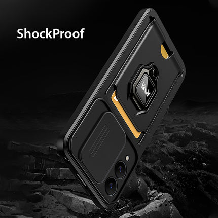 Kapa Bisen Back Cover for Samsung Galaxy S25 Edge | Inbuilt Camera Slider Ring Stand and Card Pocket Shockproof Slim Bumper Back Case (Black)