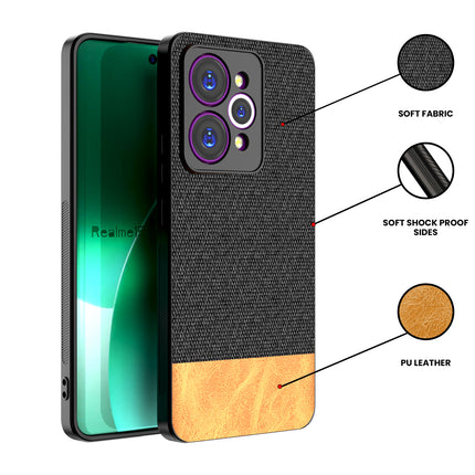 Kapa Soft Fabric & Leather Hybrid Protective Back Cover for Realme 15 Pro 5G | Shockproof Slim Hard Anti Slip Back Case (Black,Brown) - Mobizang