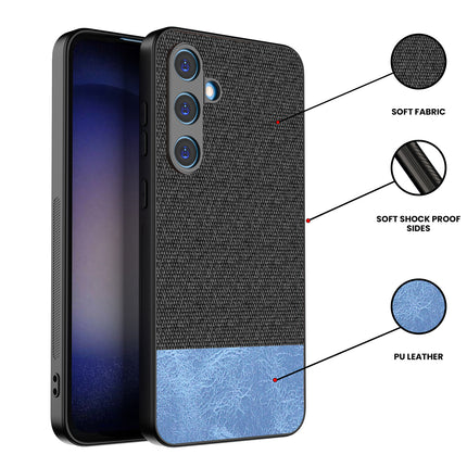 Kapa Soft Fabric & Leather Hybrid Protective Back Cover for Samsung Galaxy S24 FE | Shockproof Slim Hard Anti Slip Back Case (Black,Blue)