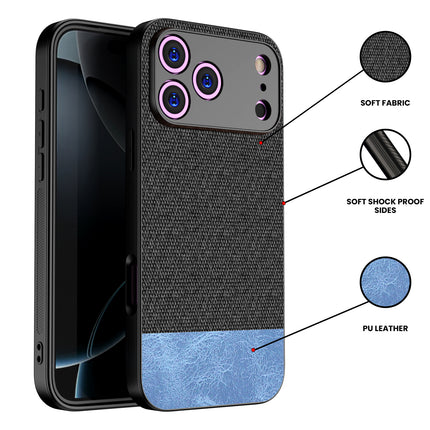 Kapa Soft Fabric & Leather Hybrid Protective Back Cover for Apple iPhone 17 Pro | Shockproof Slim Hard Anti Slip Back Case (Black,Blue)