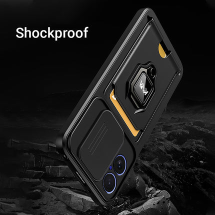 Kapa Bisen Back Cover for Apple iPhone 17 | Inbuilt Camera Slider Ring Stand and Card Pocket Shockproof Slim Bumper Back Case (Black) - Mobizang