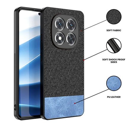 Kapa Soft Fabric & Leather Hybrid Protective Back Cover for Redmi Note 14 Pro (5G) | Shockproof Slim Hard Anti Slip Back Case (Black,Blue) - Mobizang