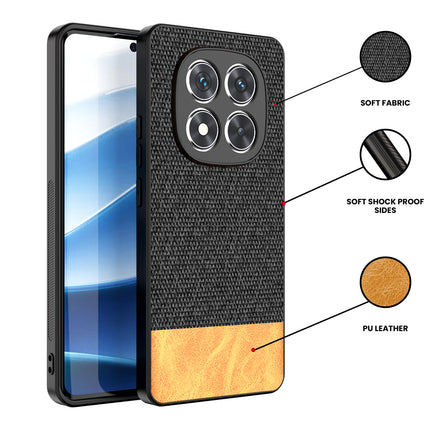Kapa Soft Fabric & Leather Hybrid Protective Back Cover for Redmi Note 14 Pro (5G) | Shockproof Slim Hard Anti Slip Back Case (Black,Brown)