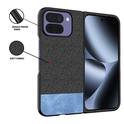 Kapa Soft Fabric & Leather Hybrid Protective Back Cover for Google Pixel 10 PRO FOLD | Shockproof Slim Hard Anti Slip Back Case (Black,Blue) - Mobizang