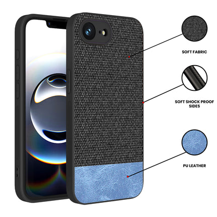 Kapa Soft Fabric & Leather Hybrid Protective Back Cover for Apple iPhone 16E | Shockproof Slim Hard Anti Slip Back Case (Black,Blue)