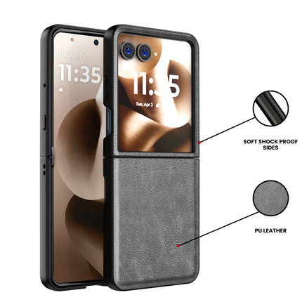 Kapa Tux Leather Back Cover for Moto Razr 60 Ultra | Slim Shockproof Camera Protection Bumper Case (Grey) - Mobizang