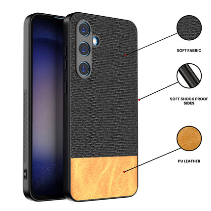 Kapa Soft Fabric & Leather Hybrid Protective Back Cover for Samsung Galaxy S24 FE | Shockproof Slim Hard Anti Slip Back Case (Black,Brown)