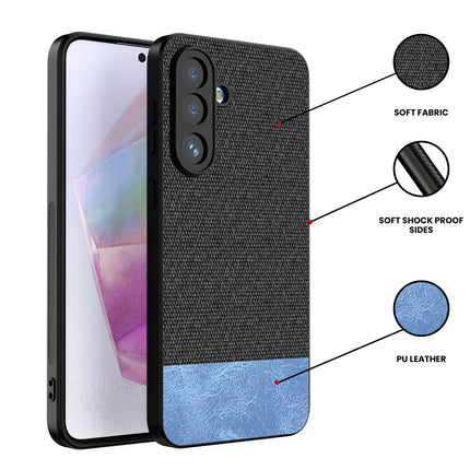 Kapa Soft Fabric & Leather Hybrid Protective Back Cover for Samsung Galaxy M56 | Shockproof Slim Hard Anti Slip Back Case (Black,Blue) - Mobizang