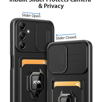 Kapa Bisen Back Cover for Samsung Galaxy A15 (5G) | Inbuilt Camera Slider Ring Stand and Card Pocket Shockproof Slim Bumper Back Case (Black)