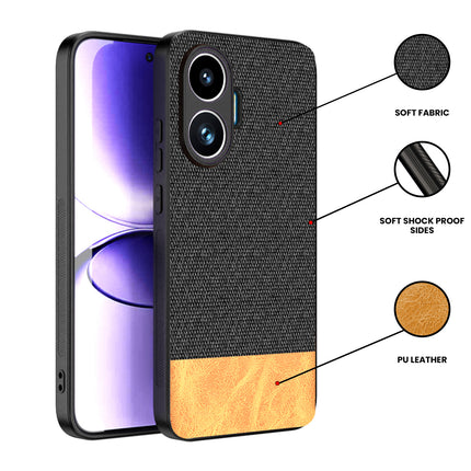 Kapa Soft Fabric & Leather Hybrid Protective Back Cover for Poco F7 5G | Shockproof Slim Hard Anti Slip Back Case (Black,Brown)
