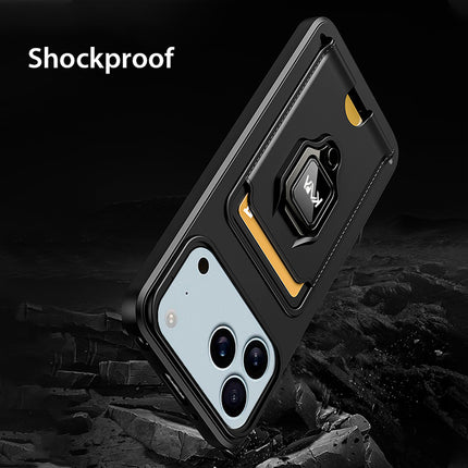 Kapa Bisen Back Cover for Apple iPhone 17 Pro | Inbuilt Camera Slider Ring Stand and Card Pocket Shockproof Slim Bumper Back Case (Black) - Mobizang