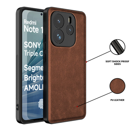 Kapa Tux Leather Back Cover for Redmi Note 14 (5G) | Slim Shockproof Camera Protection Bumper Case (Brown) - Mobizang