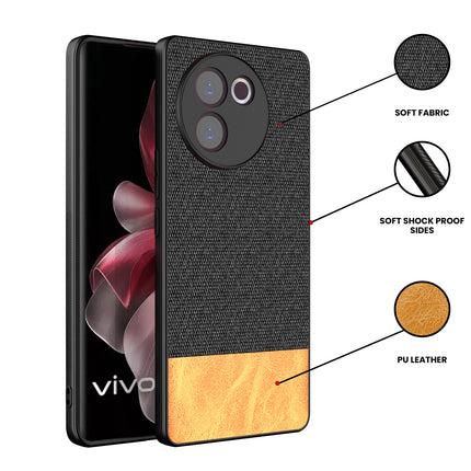 Kapa Soft Fabric & Leather Hybrid Protective Back Cover for Vivo V30E (5G) | Shockproof Slim Hard Anti Slip Back Case (Black,Brown)