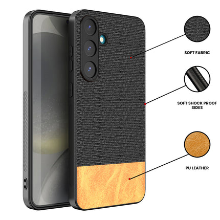 Kapa Soft Fabric & Leather Hybrid Protective Back Cover for Samsung Galaxy S25 Plus | Shockproof Slim Hard Anti Slip Back Case (Black,Brown) - Mobizang