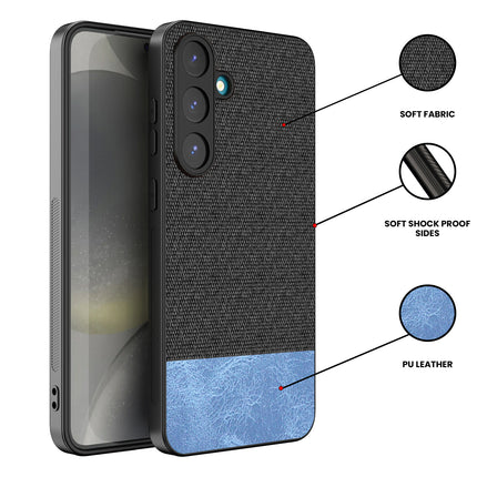 Kapa Soft Fabric & Leather Hybrid Protective Back Cover for Samsung Galaxy S25 Plus | Shockproof Slim Hard Anti Slip Back Case (Black,Blue)