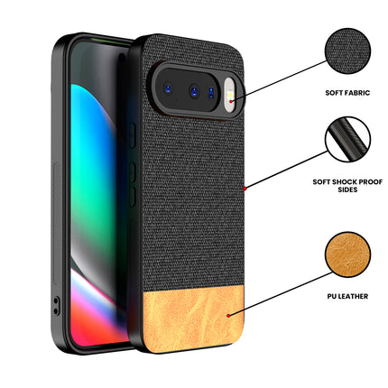 Kapa Soft Fabric & Leather Hybrid Protective Back Cover for Google Pixel 10 | Shockproof Slim Hard Anti Slip Back Case (Black,Brown)