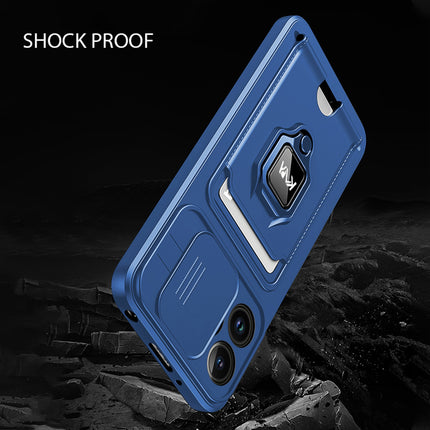 Kapa Bisen Back Cover for Apple iPhone 16 Pro | Inbuilt Camera Slider Ring Stand and Card Pocket Shockproof Slim Bumper Back Case (Blue) - Mobizang