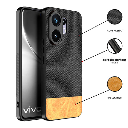 Kapa Soft Fabric & Leather Hybrid Protective Back Cover for Vivo V60 / V60e / Vivo T4 Pro 5G | Shockproof Slim Hard Anti Slip Back Case (Black,Brown)
